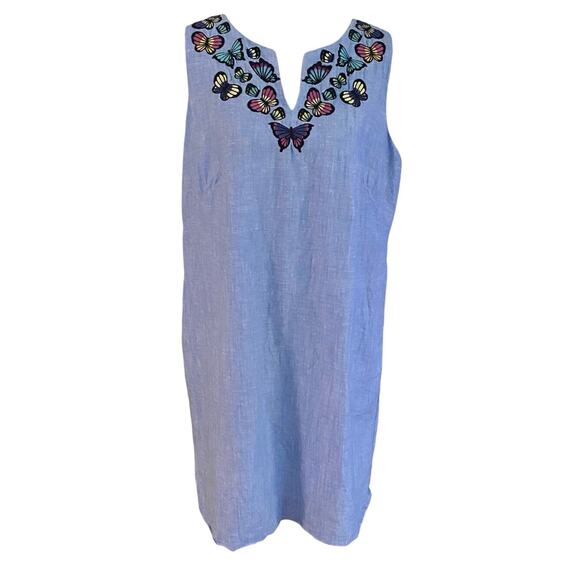 Talbots Size 14 Butterfly Embroidered Shift Dress Linen Blend Blue Tank - Picture 1 of 4
